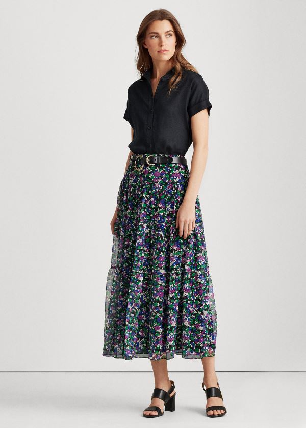 Falda Ralph Lauren Mujer Negros Multicolor - Floral Tiered Peasant - NKUSJ6312